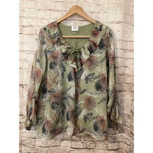 Haya Top Womens Large Sage Green Palm Tree Print Beachy Boho Lace Up Satin Lined